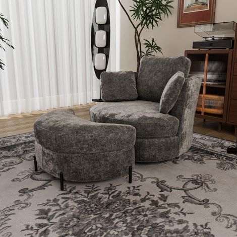 Fauteuil lune surdimensionné chenille grise avec pouf rangement, 3 coussins amovibles, assise très élastique, 90x80x75cm
