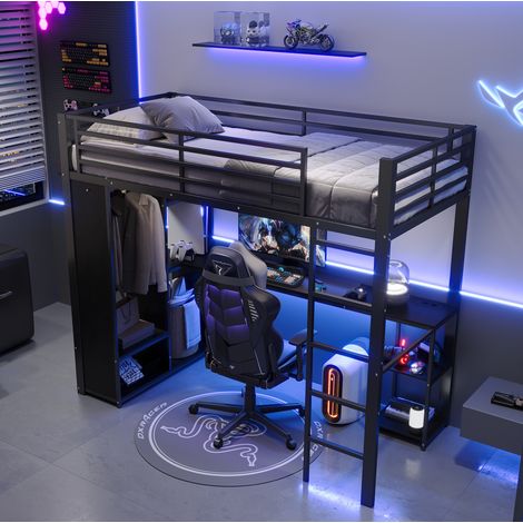 Letto a soppalco 90x200x175 cm nero in metallo e MDF con scrivania, LED e armadio aperto (1/5)