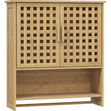 Armoire murale de salle de bain en bambou - Bois naturel - 2 portes ajourées, compartiment ouvert et étagère réglable - Rangement suspendu pour toilettes - Design naturel pratique (1/5)