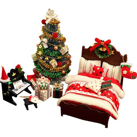 Kit Maison Miniature Noël 3D Réaliste avec Lit Couette Oreiller Piano Guirlande Lumineuse Sapin de Noël, Loisir Créatif Maison de Poupée (1/5)