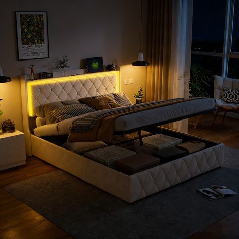 Lit coffre double adulte 160x200 cm en velours rembourré avec LED, recharge USB-C, rangement hydraulique, sommier à lattes (1/5)