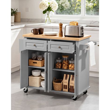 Îlot de Cuisine Mobile Desserte à Roulettes 110 cm en Bois Gris, Meuble de Rangement pour Salle à Manger Maison, Table-îlot avec 2… (1/5)