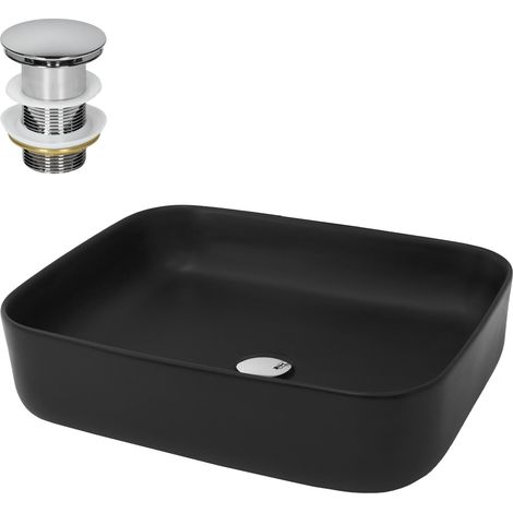 ML-Design Lavabo da Appoggio Nero Opaco 51x40,5x13,5 cm con Set di Scarico in Ottone Cromato Valvola Drenaggio Lavello Sanitari da Bagno Lavandino Design Moderno Piletta Pop-Up