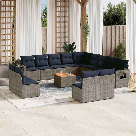 Salon de jardin modulable 14 pcs en résine tressée grise et coussins bleu marine - PANGIVO (1/5)