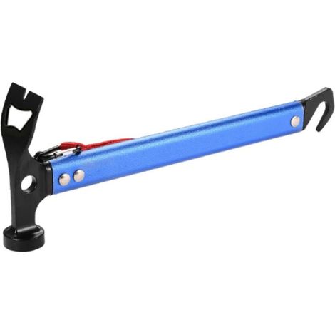 Marteau de camping, 31 cm, avec crochet et mini houe, marteau en aluminium, marteau de camping d'extérieur, multifonctionnel, bleu (1/5)