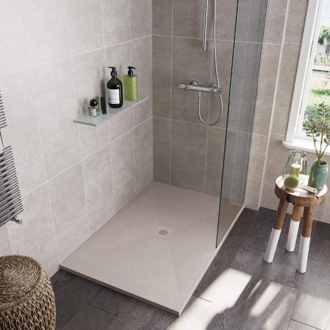Receveur de douche 80x80 cm extra plat DEXA en résine surface ardoisée beige Grille beige (1/5)