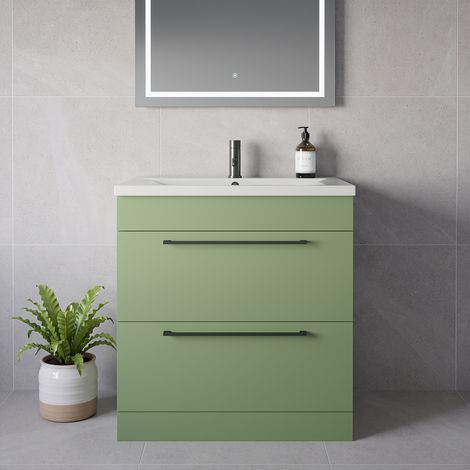 Napoli 460 Olive Green 800mm 2 Drawer Vanity Unit with Glide Basin - 800mm - Gunmetal Grey 480mm Handle