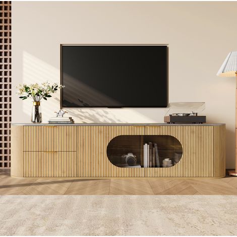 Mobile TV in MDF e vetro naturale 172x38x45,5 cm con ante 3D, vetrina ovale grigia e vani contenitore (1/5)