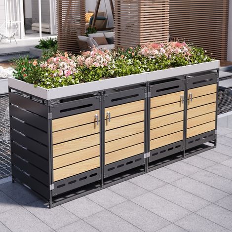 Rifugio per 4 bidoni con fioriera, effetto legno, ventilazione, acciaio nero, REDOM (1/5)