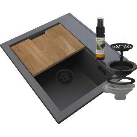 FOXAL ÉVIER EN GRANIT GRIS SIPHON NOIR TROP-PLEIN RECTANGULAIRE (1/5)