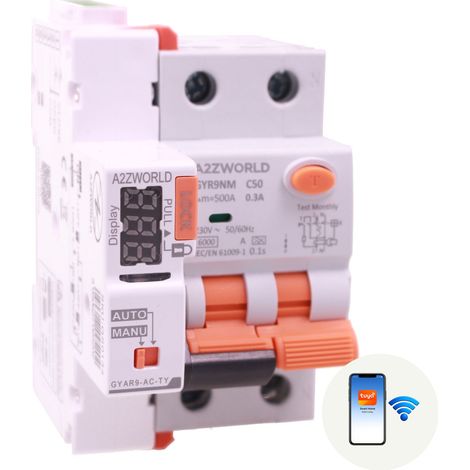 RCBO Interruttore Magnetotermico Differenziale Connesso WiFi Con Riarmo Automaico, Tipo A Curva C 1P+N 3M 6000A 300mA AC 230V IP20 IEC61009-1 GYR9NM, Corrente Disponibili 40A 50A 63A (C50A) (1/3)
