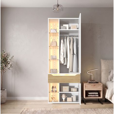 Armoire penderie 75x50x200 cm en MDF blanche avec vitrine LED, rangement pour chambre – MEUBLIV (1/5)