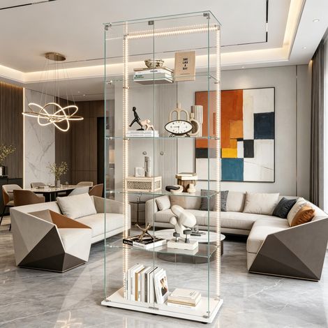 FOERPL-Vitrine en Verre avec 5 Étagères 2 Portes, Vitrine Sur Pied en Verre avec LED et Serrure, Armoire de Verres Moderne pour Collection Vitrine d'exposition à Colonne Vitrine pour Salon