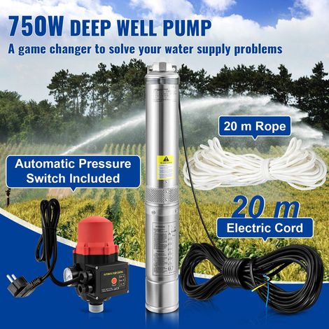 Pompe immergée puits profond 750W 230V 105L/min 62m, câble 20m et pressostat auto, acier inox 8.9cm, IP68 pour industrie arrosage maison (1/5)