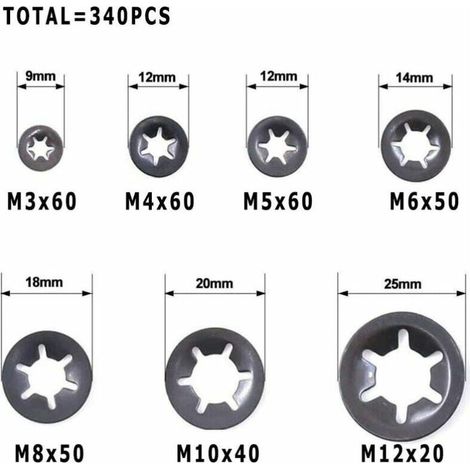 Rondelles, 340 rondelles de verrouillage rapide, kit d'assortiment de clips rapides à finition oxyde noir (M3/M4/M5/M6/M8/M10/M12) (1/4)