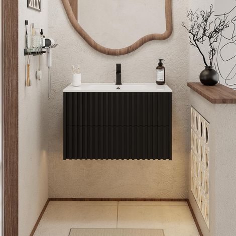 UEV Meuble Salle de Bain 80cm, Meuble Suspendu avec Lavabo en Céramique, Deux Tiroirs avec Grand Espace de Rangement, Poignée Cachée, Motif de Ligne, 80 x 45 x 50cm, Noir