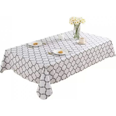 Nappe de table rectangulaire polyester marocain imperméable infroissable, housse de table lavable, dimensions 152 x 259 cm, coloris blanc et gris (1/5)