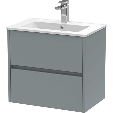 Nuie Havana Matt Coastal Grey 600mm Wall Hung 2 Drawer Vanity Unit and Minimalist Ceramic Basin - HAV2304B (1/4)