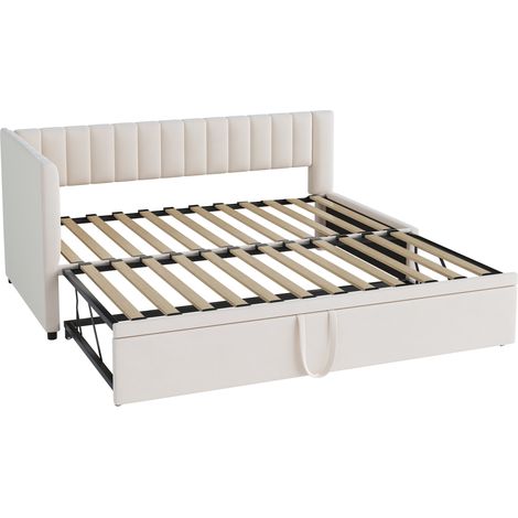 L-förmiges Schlafsofa mit Ausziehbett 90 x 200 cm aus beigem Samt (1/5)