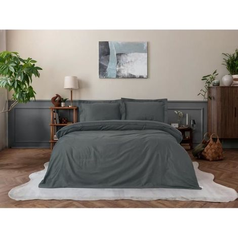 Parure de lit - 1 housse de couette 220 x 240 cm + 2 taies d'oreiller 60 x 60 cm - Satiné 100% coton - Anthracite