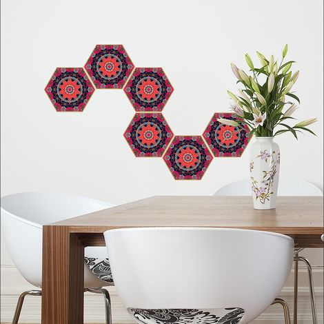 Sticker Carrelage Adhésif 15x15cm x6, Autocollant Hexagonale Décoratif, Style Ancien Tapis, Tons Rouges. (1/3)