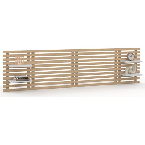 Idmarket – Tête de lit suspendue en lattes 240 cm bois clair – 4 étagères modulables blanches – Hauteur 62 cm pour confort – Accroches murales incluses (1/5)