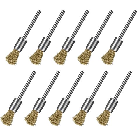 Metal Drill Brush, Set of 10 Brass Drill Brushes, 3 mm, Steel Wire Wheel Brush for Grinding, Cleaning, Descaling and Deburring (1/5)
