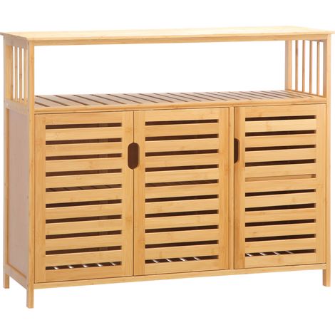 Credenza in bambù con 3 ante traforate e ripiani, 100 x 35 x 82 cm, finitura naturale.