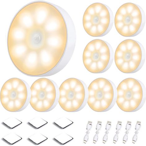 Lampe Murale LED Capteur de Mouvement sans Fil pour Intérieur, Veilleuse Décorative avec Détecteur de chargement USB magnétique (10 paquets)