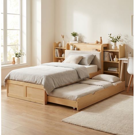 Lit multifonction scandinave 90x200 cm bois naturel avec lit gigogne, tête de lit rembourrée, USB et prises EU (1/5)