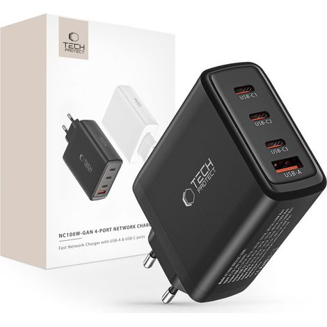 Caricabatterie di rete a 4 porte Tech-Protect NC100W-GAN PD100W/QC3.0 nero