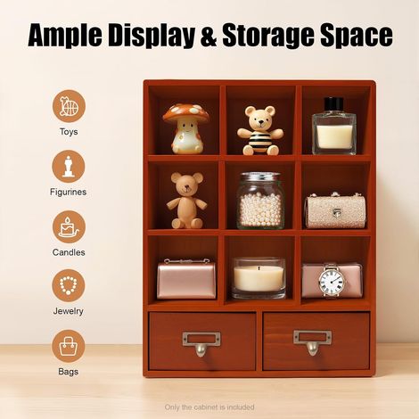 Schublade Organizer, Holzregal Setzkasten Standregal mit 9 Fächer 2 Schubladen Würfelregal Sammlervitrine Setzkasten 33.3x10x42.5cm Würfelregal Holz (1/5)