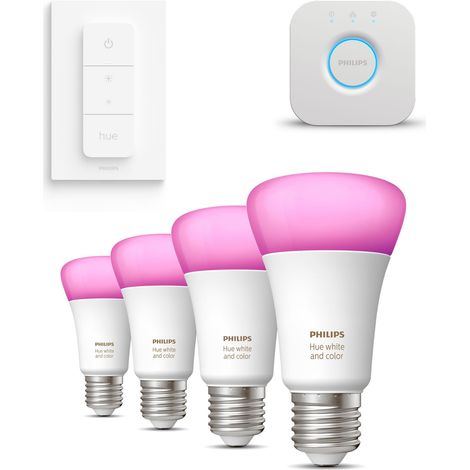 Philips Hue Kit de démarrage E27 avec 4 Ampoules Standard Lumière blanche et colorée - Comprend 1 Bridge, 1 Variateur de lumière - White et Color Ambiance (1/5)