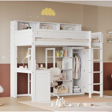 Etagenbett 90x200 cm weiß mit Tisch, Schrank und Stauraum (1/5)
