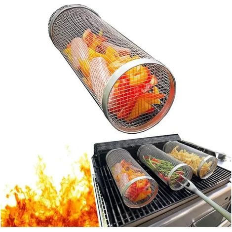 Paniers à griller cylindriques en acier inoxydable, compatibles avec les légumes et les steaks. (1/4)