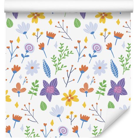 Papier peint Fleurs sauvages blanc et crème pour salon et chambre 50x1000 cm (1/5)