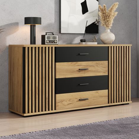 Buffet 140x35x70cm en MDF avec 4 tiroirs et 2 portes, design rainuré vertical, commode avec étagères réglables, combinaison chêne-noir, meuble de rangement pour salon/salle à manger (1/5)