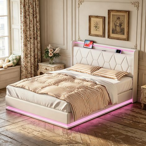 Lit Double 140x200 cm avec Éclairage LED, Tête de Lit Matelassée Diamant, Système hydraulique de rangement, Cadre en Métal et sommier à lattes (1/5)