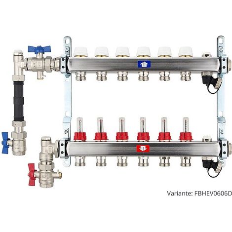 Fußbodenheizungsverteiler aus Edelstahl mit Topmeter für 6 Heizkreise - mit WMZ-Anschlussset 110 mm senkrecht (1/3)