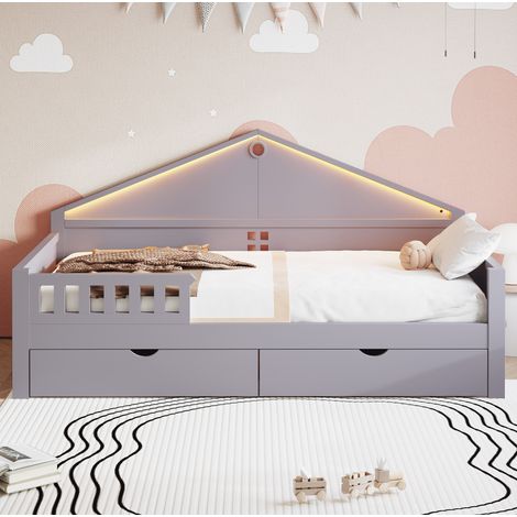 Letto singolo 90x200 cm grigio con LED e 2 cassetti, rete a doghe, OKWISH (1/5)