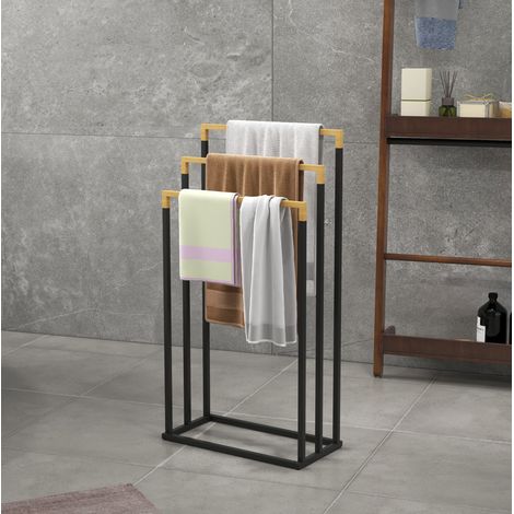 Toallero de pie de 3 niveles en acero y bambú negro 45 x 22,5 x 86 cm OKMYHOME (1/5)