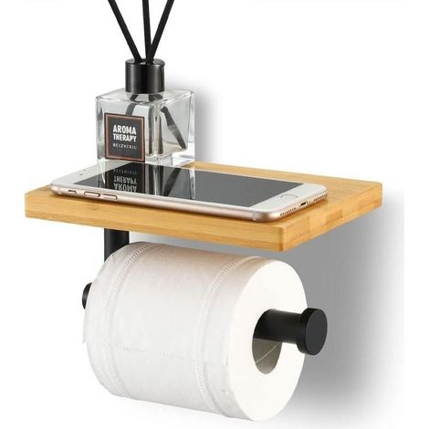 Porte-Papier Toilette Bambou, Support Mural Noir Mat en Acier Inox SUS304 avec Étagère (1/5)