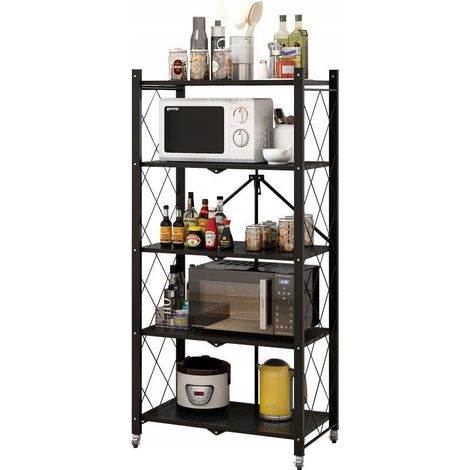 Scaffale da cucina pieghevole con ruote, 5 ripiani, stile loft, nero - Resistente e portatile (1/5)