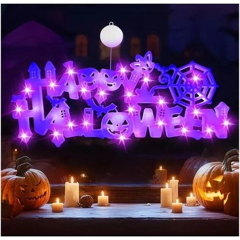 Décoration de fenêtre intérieure d'Halloween lumières de fenêtre d'Halloween orange citrouille verte maison hantée violet chapeau (1/5)