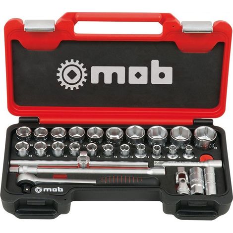 Mob Outillage – Coffret cliquet rond 1/2" 28 pièces 6 pans – Molette intégrée – 72 dents – Coffret PEHD résistant avec mousse haute densité (1/5)
