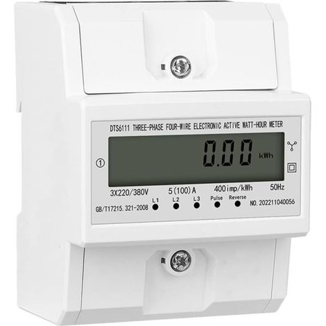 Dreiphasen-Stromzähler mit Anzeige des Stromverbrauchs, DIN-Schienen-Dreiphasen-Energiezähler mit digitalem Voltmeter und Amperemeter, 230 V/400 V, 5 (100) A, 50/60 Hz, 400 Imp/kWh (1/5)