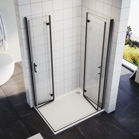 Duschkabine Eckeinstieg Falttür 90x120x195cm Duschabtrennung Eckeinstieg Eckig Dusche 180º Faltbar 6mm NANO Glas Schwarzer Aluminiumrahmen