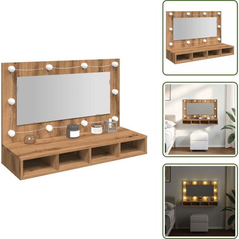 The Living Store Armario con espejo y LED Roble Artesano 90x31,5x62 cm - Armario con luz LED