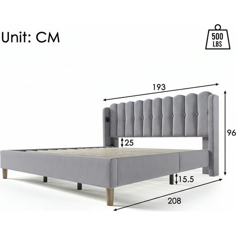 Lit double rembourré 180 x 200 cm gris. Fonction de recharge USB-C, cadre à lattes bois, adapté chambre jeunesse et chambre d'amis (1/5)