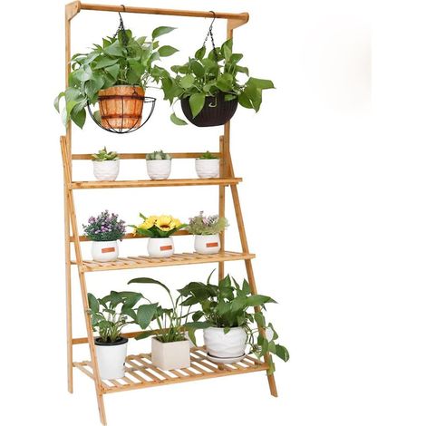 Unho – Étagère à plantes en bambou 3 niveaux – 70x40x96cm – Pliable et anti-moisissure – Pour intérieur et extérieur – Décoration jardin terrasse